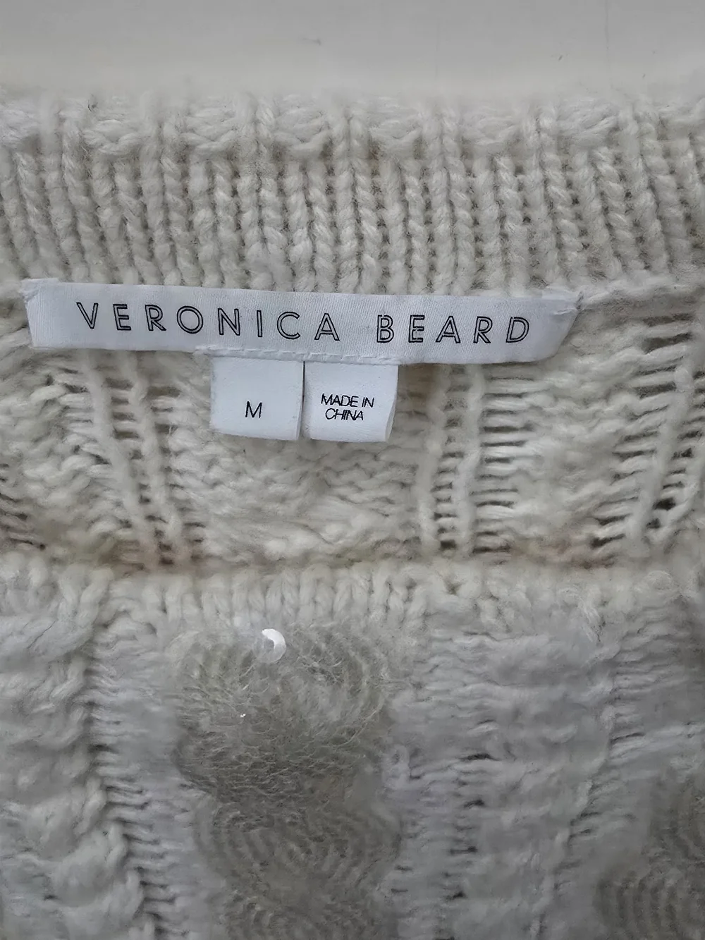 Veronica Beard Cream Sequin Cable-Knit Sweater